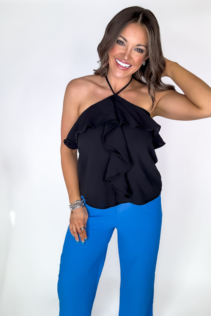 Show Off Black Ruffle Detail Halter Woven Top