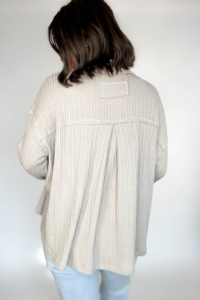 Almond Quarter Split Ribbed Polo Top