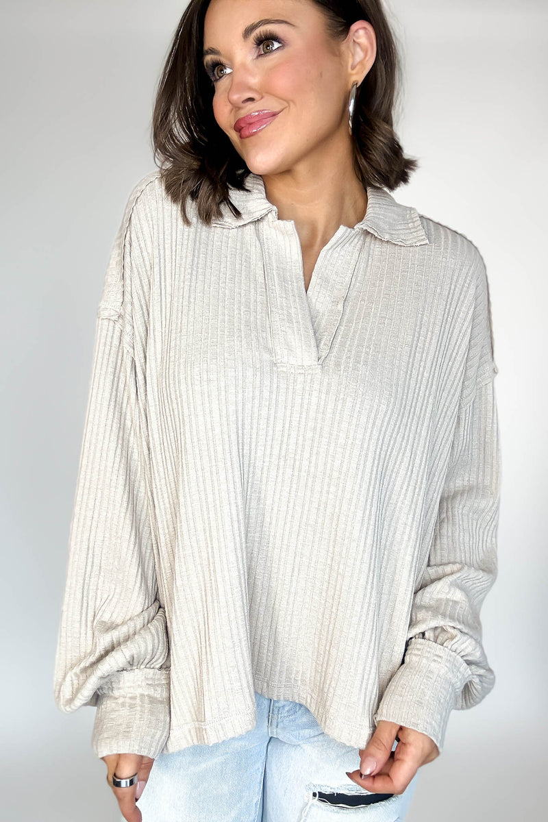 Almond Quarter Split Ribbed Polo Top