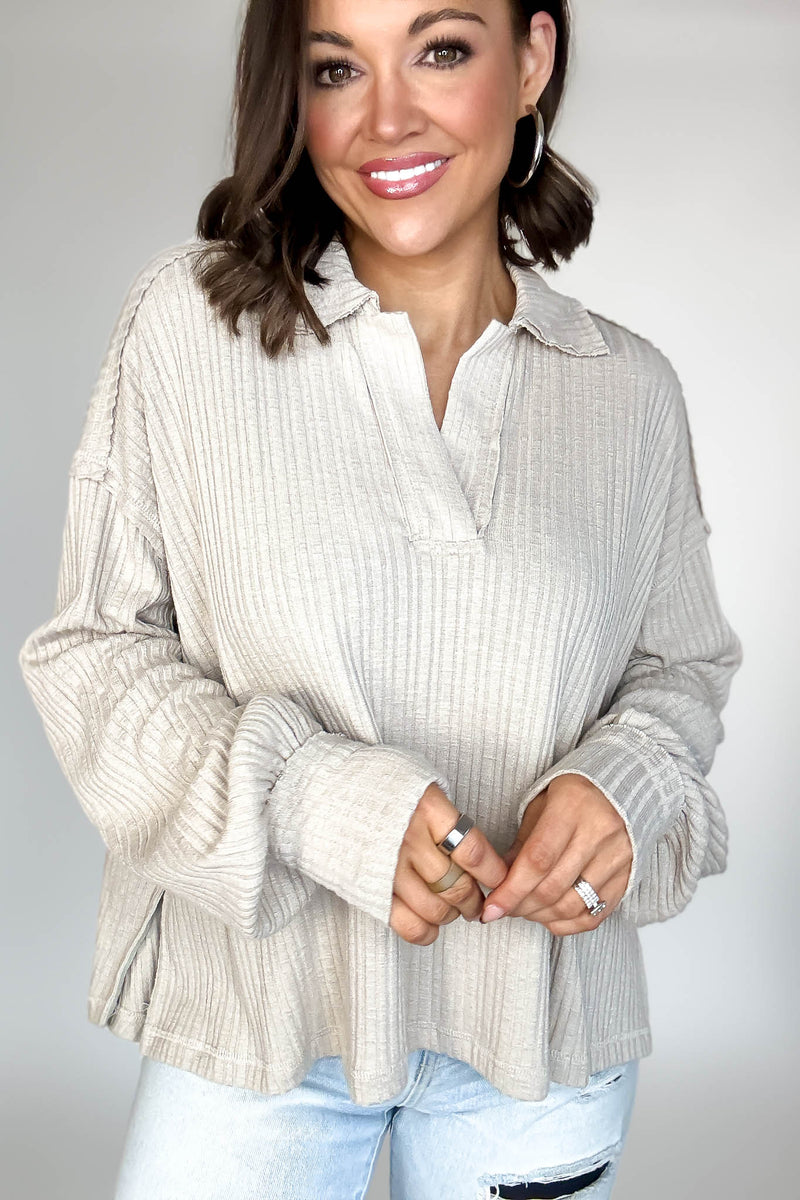 Almond Quarter Split Ribbed Polo Top