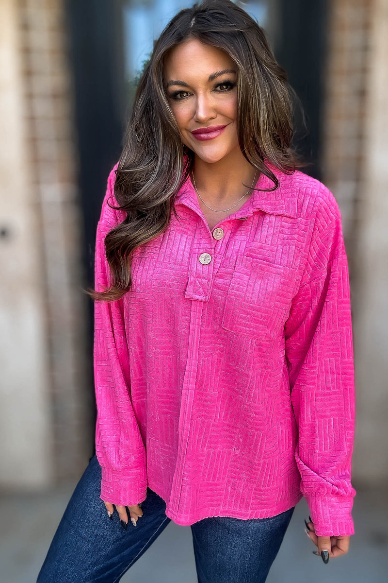 Textured Fuchsia Terry Collar Neck Top