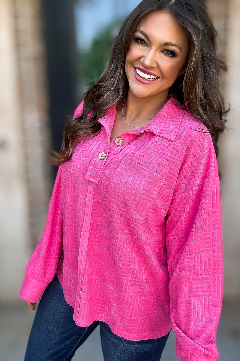 Textured Fuchsia Terry Collar Neck Top