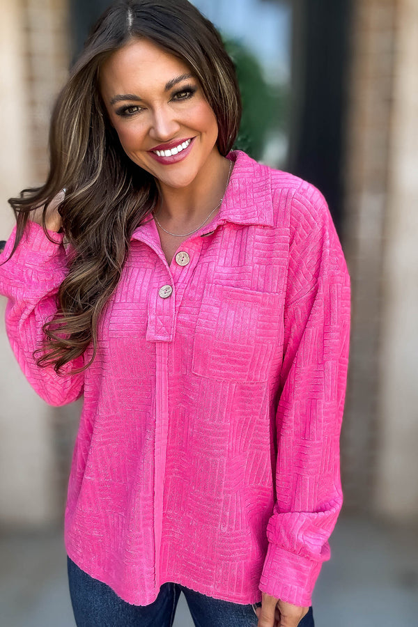 Textured Fuchsia Terry Collar Neck Top