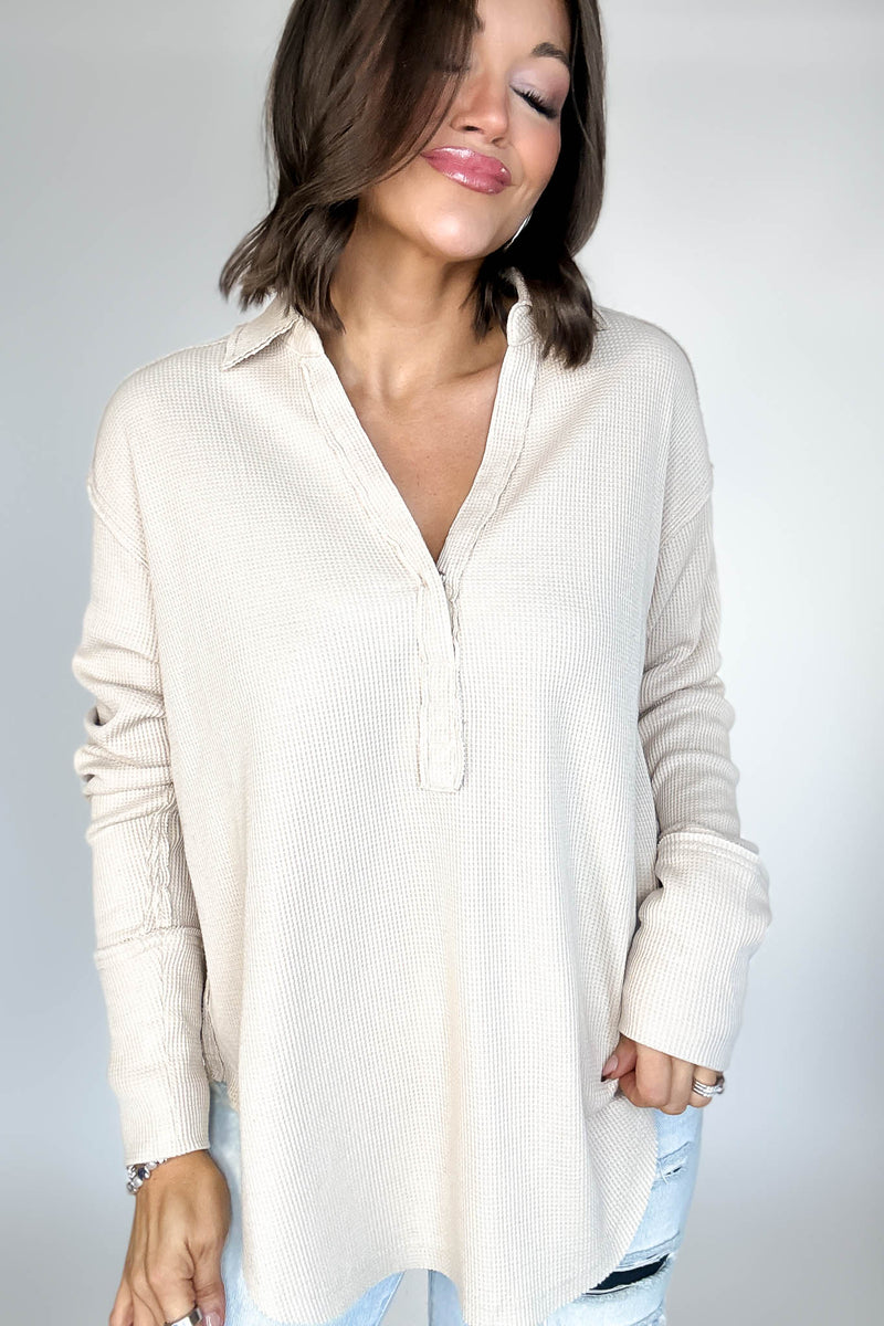 Long Sleeve Oatmeal Thermal Polo Shirt