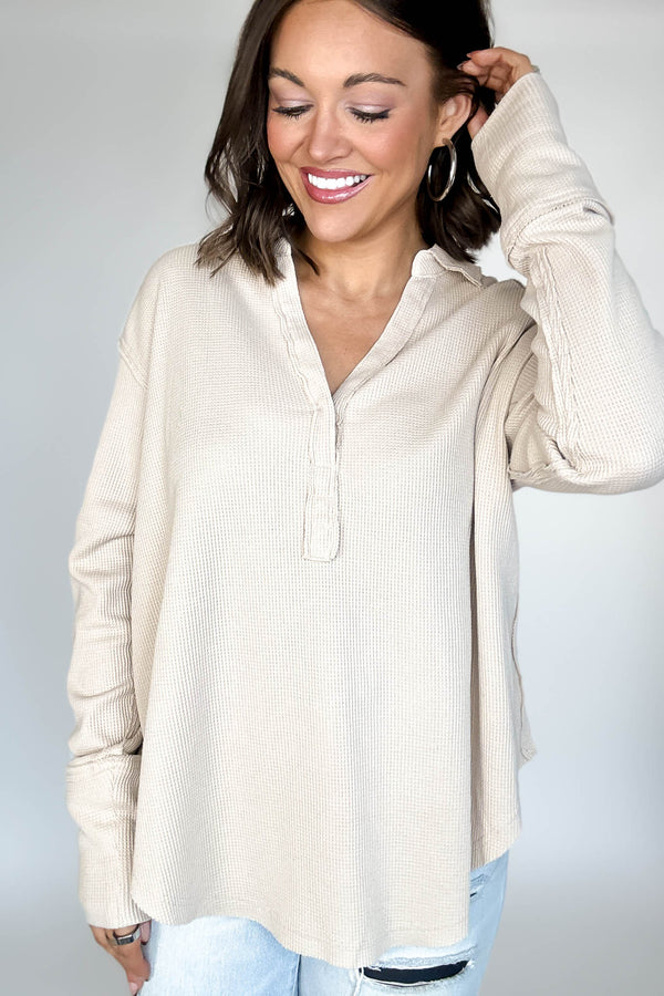 Long Sleeve Oatmeal Thermal Polo Shirt
