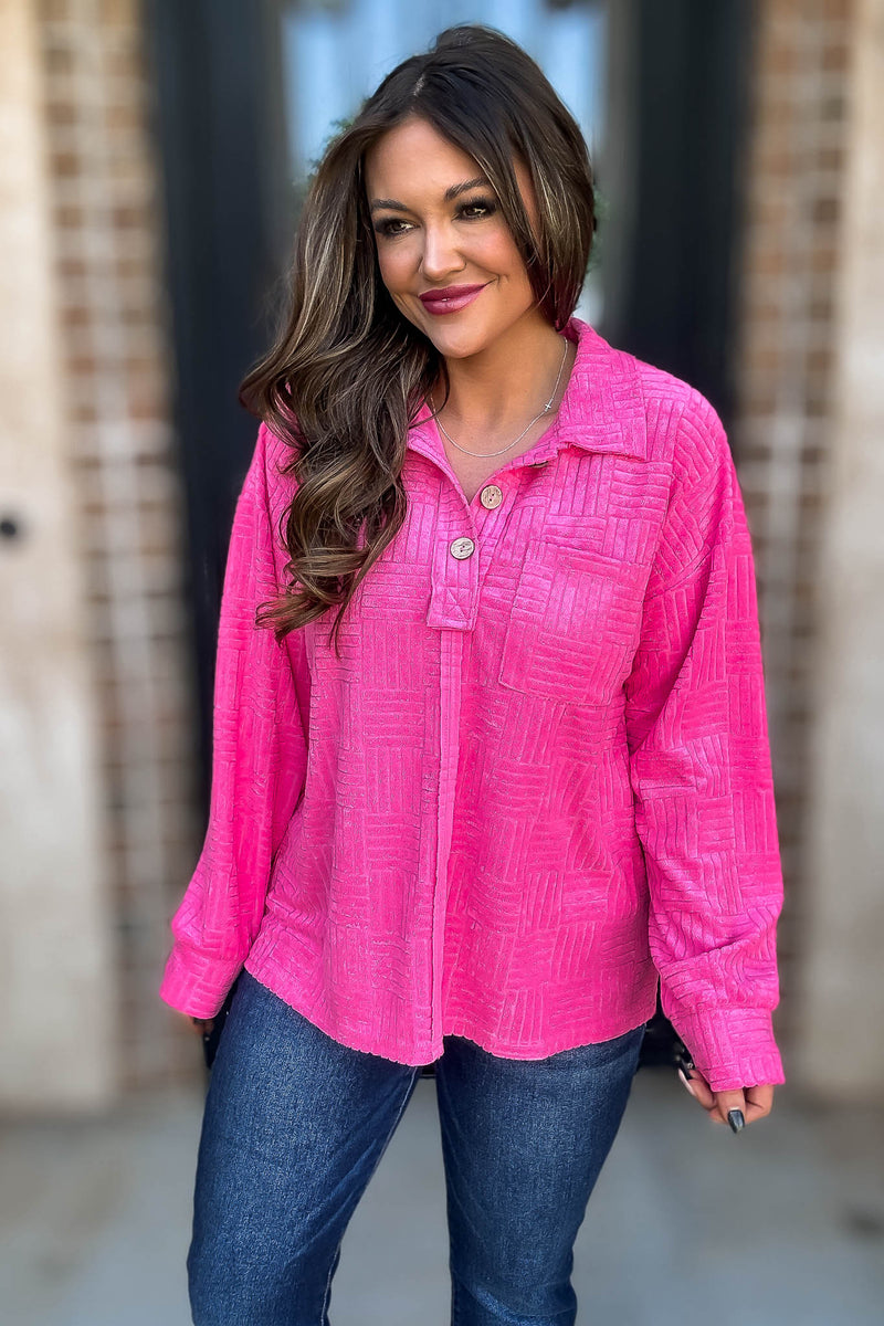 Textured Fuchsia Terry Collar Neck Top