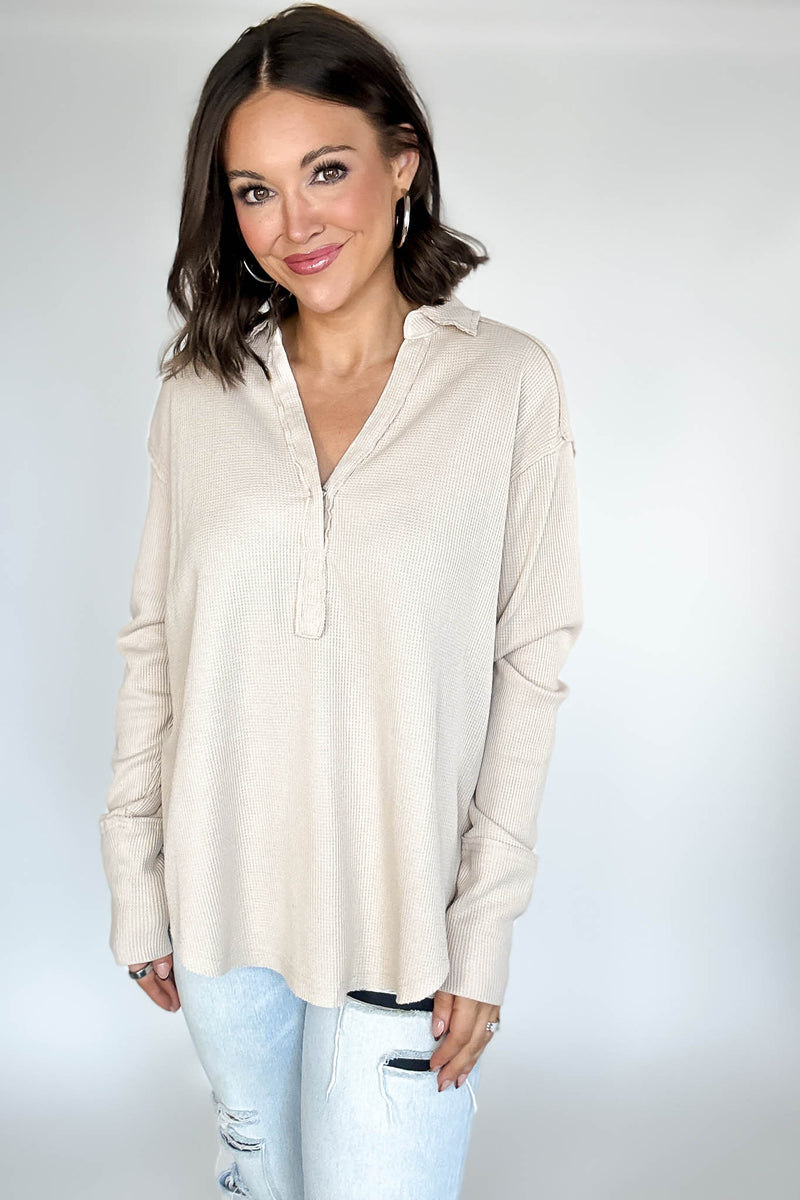 Long Sleeve Oatmeal Thermal Polo Shirt