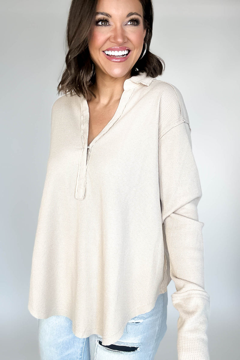Long Sleeve Oatmeal Thermal Polo Shirt