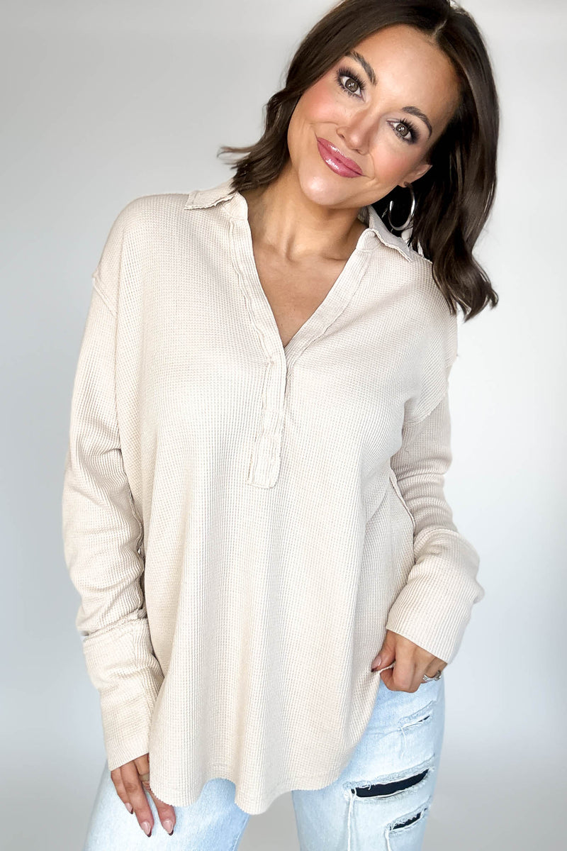 Long Sleeve Oatmeal Thermal Polo Shirt