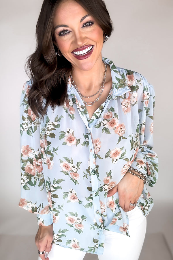Floral Ice Blue Blouse Top