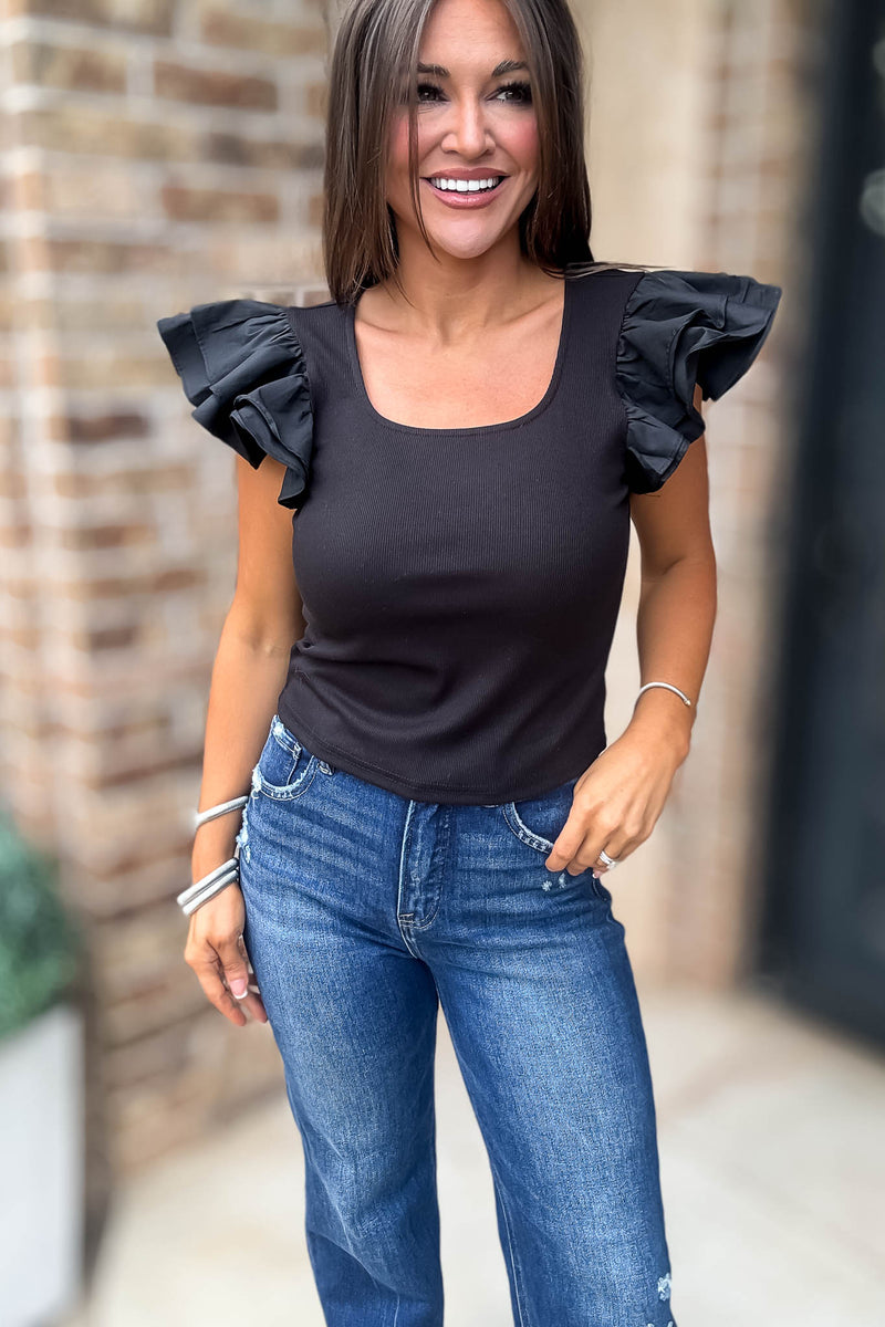Black Ruffled Sleeves Square Neck Top