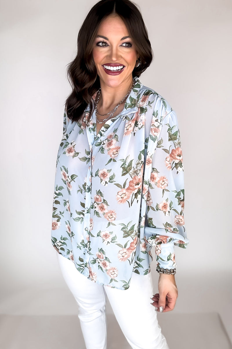 Floral Ice Blue Blouse Top