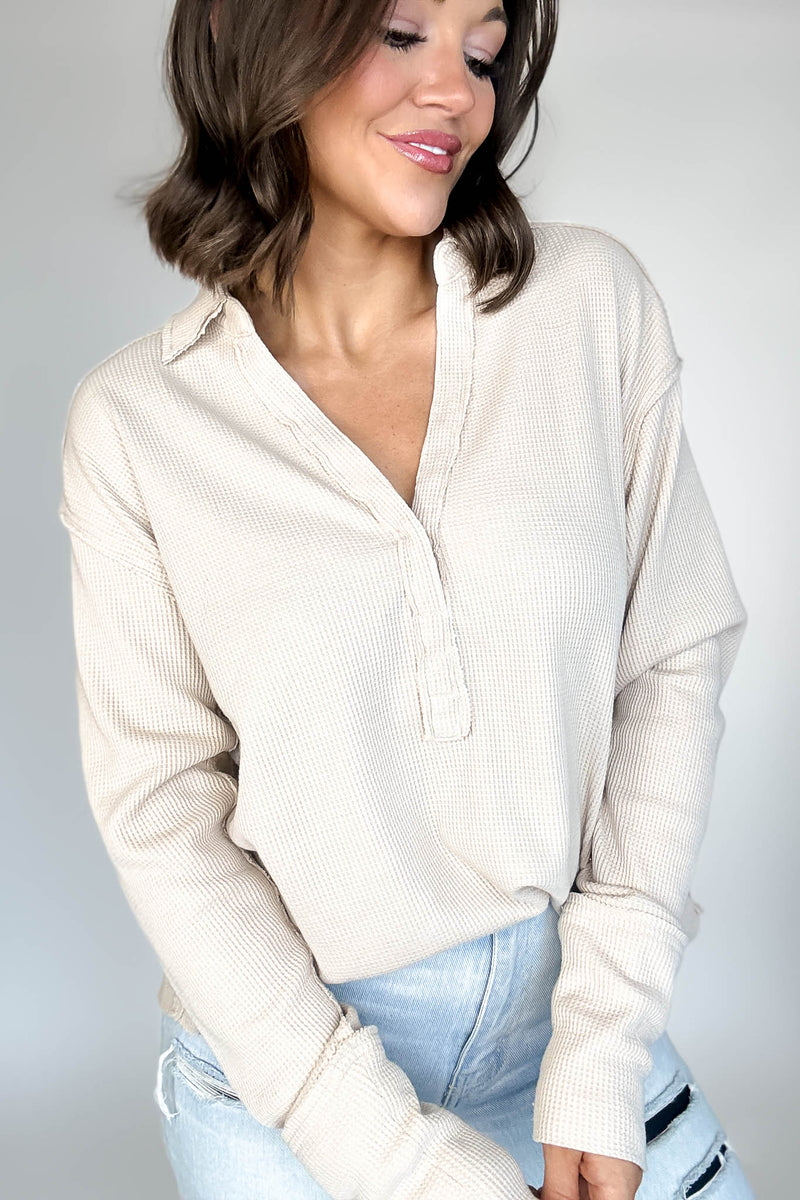 Long Sleeve Oatmeal Thermal Polo Shirt