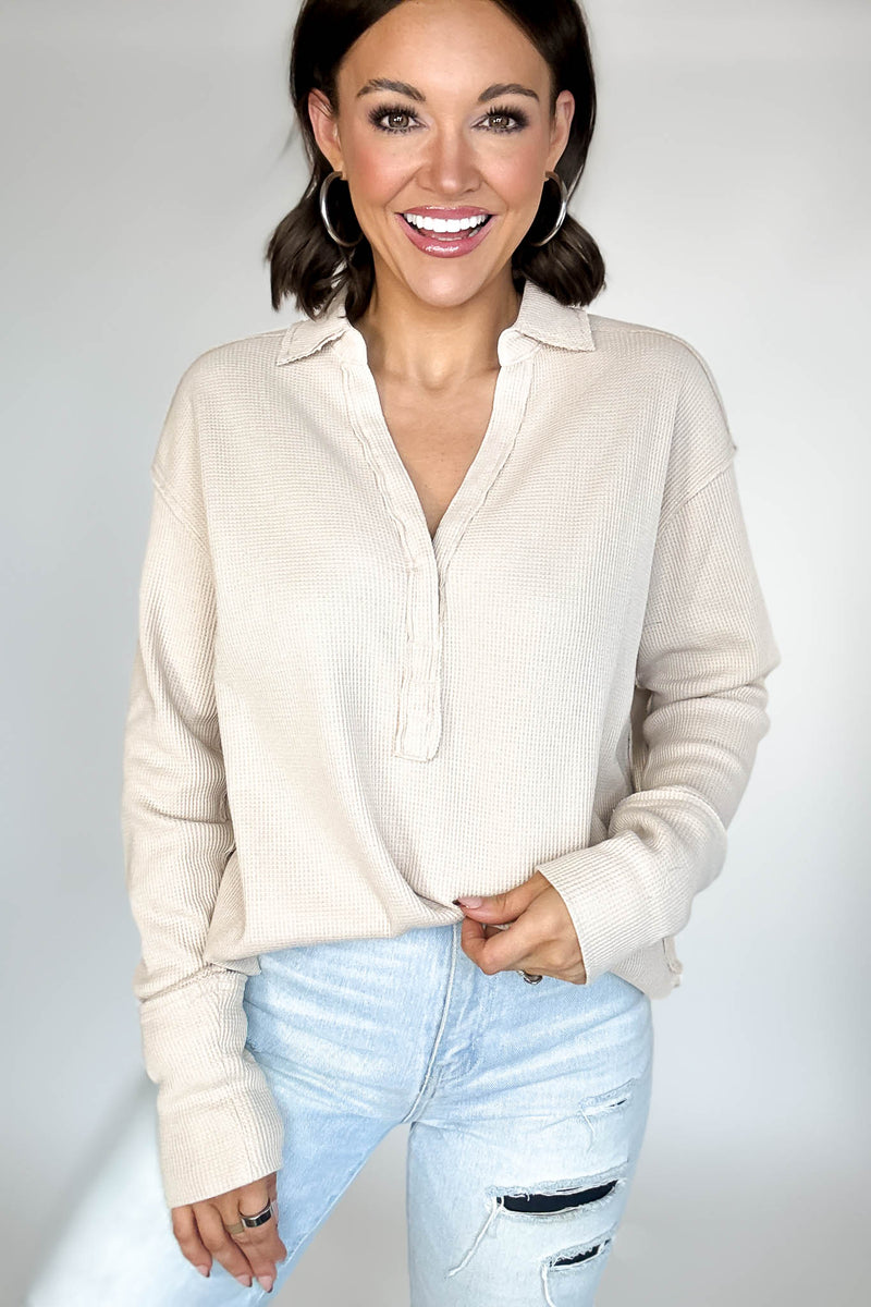 Long Sleeve Oatmeal Thermal Polo Shirt