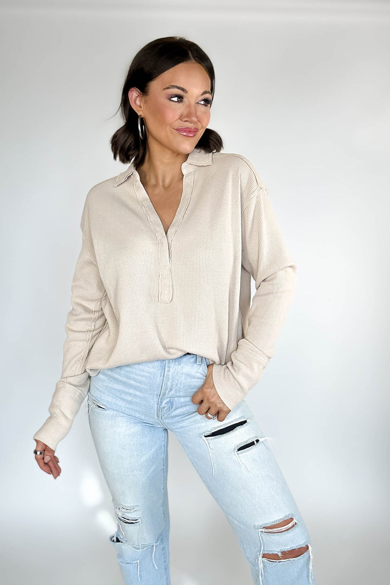 Long Sleeve Oatmeal Thermal Polo Shirt