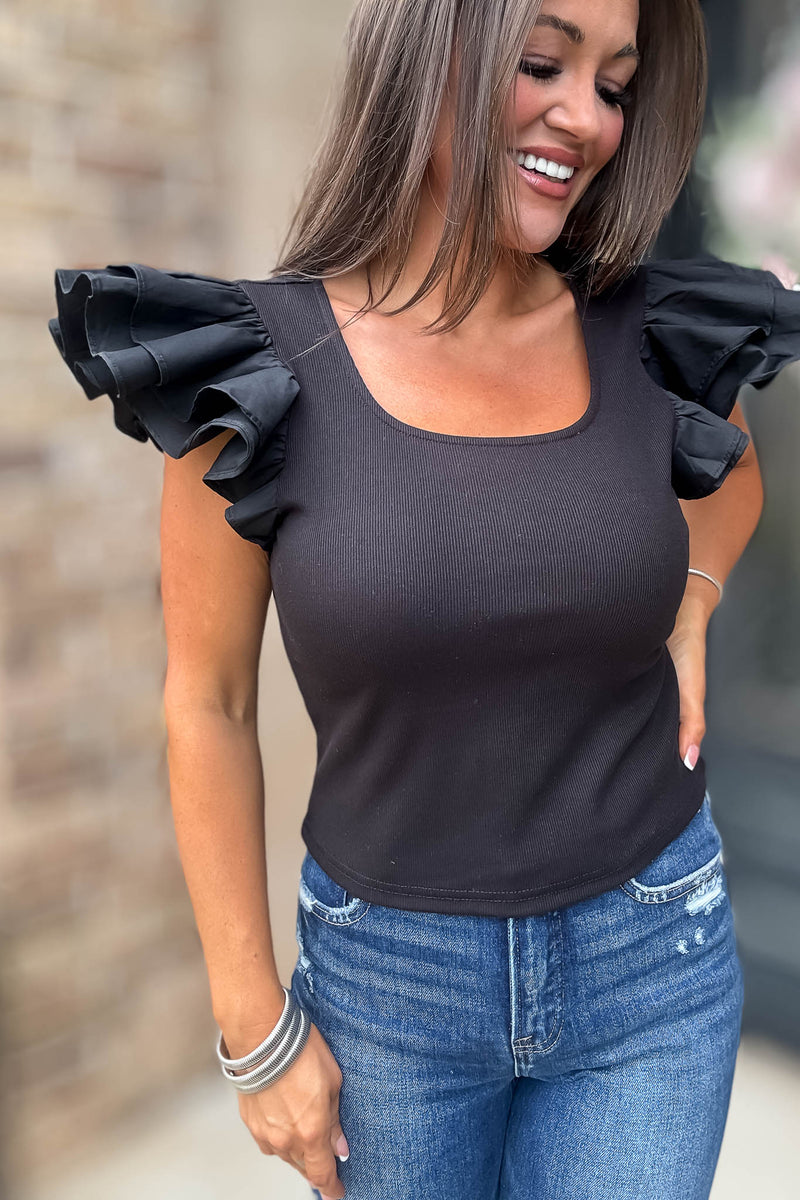 Black Ruffled Sleeves Square Neck Top