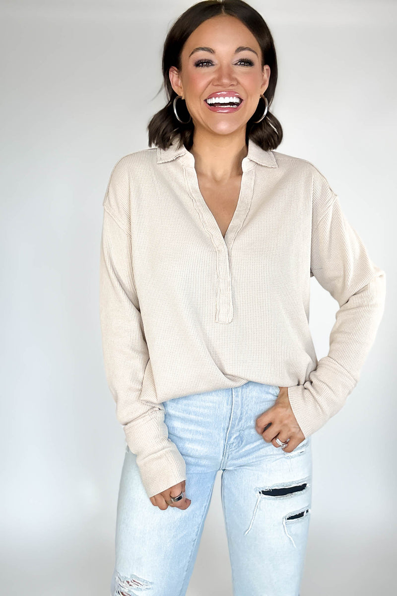 Long Sleeve Oatmeal Thermal Polo Shirt