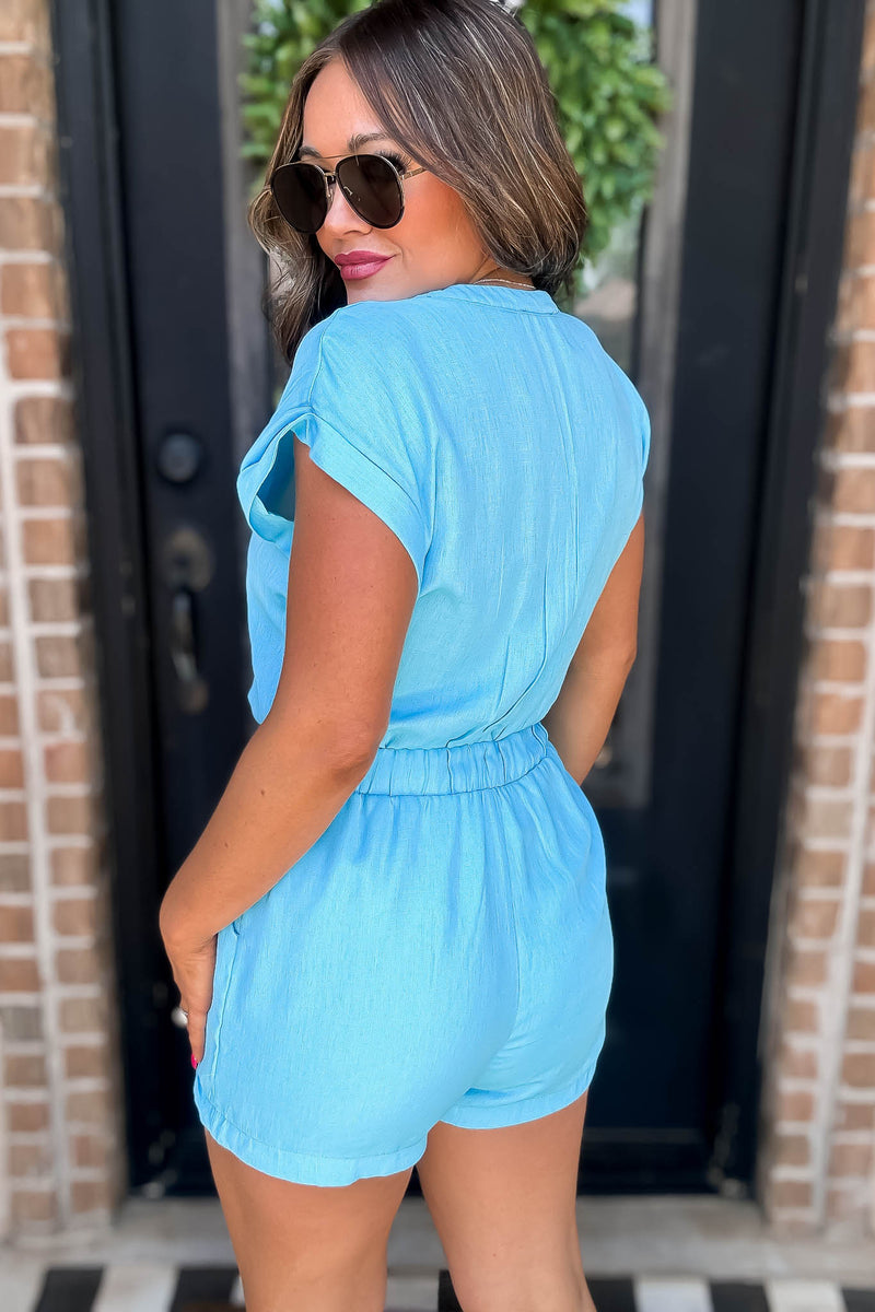Pops Of Color Aqua Button V-Neck Drawstring Romper