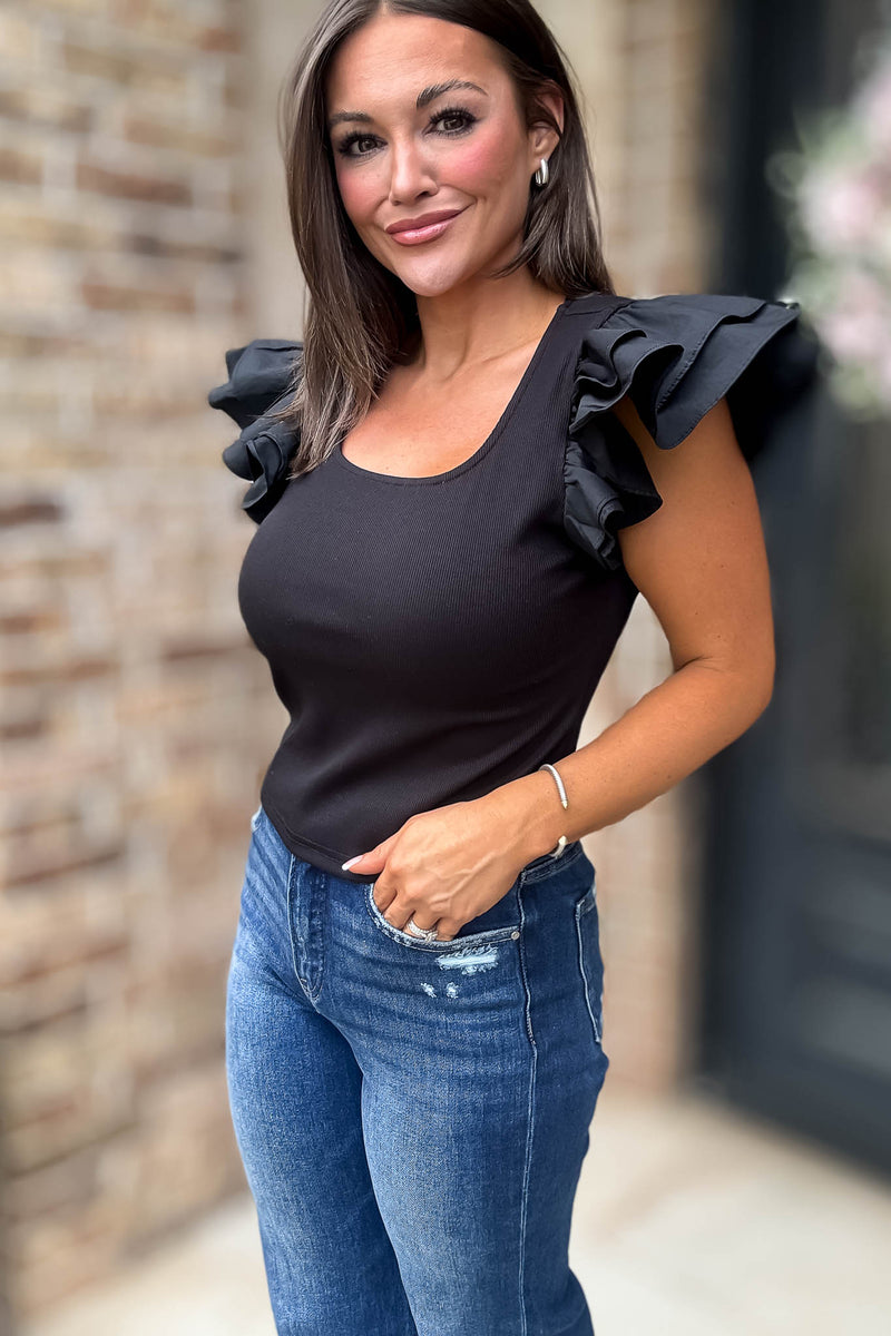 Black Ruffled Sleeves Square Neck Top