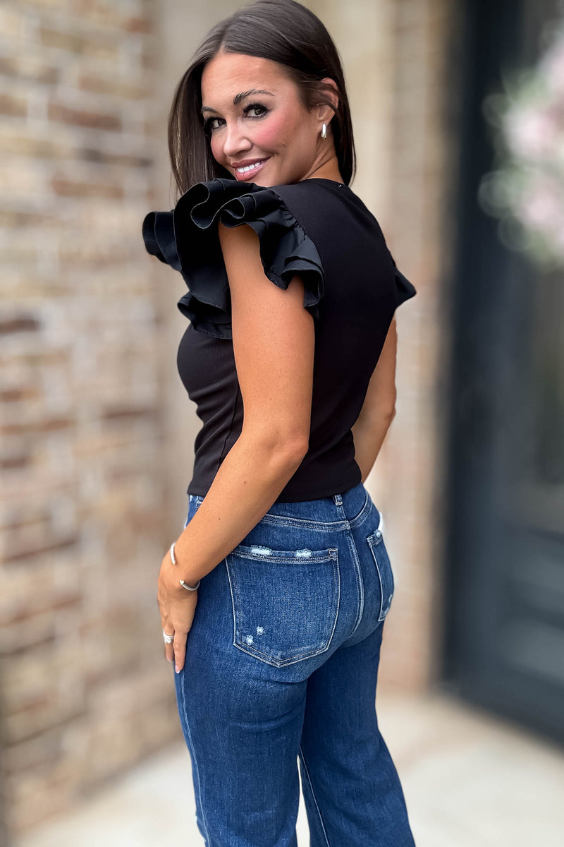 Black Ruffled Sleeves Square Neck Top
