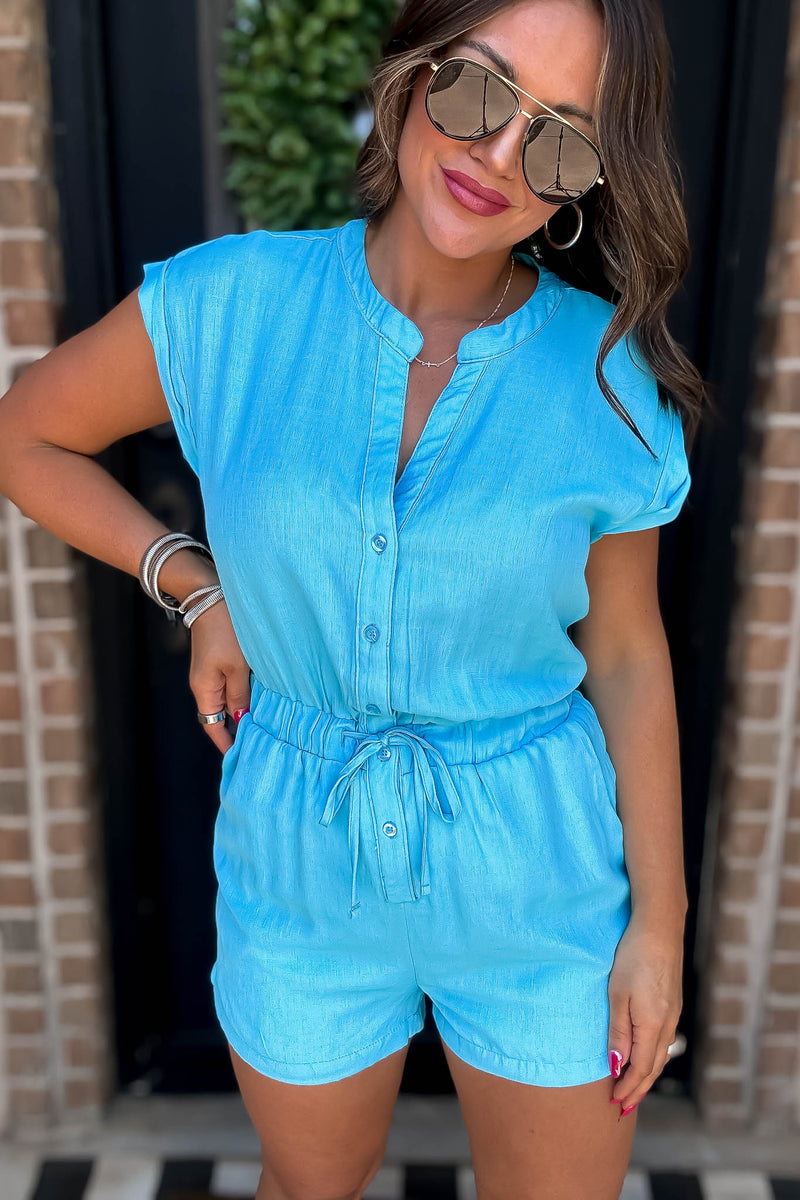 Pops Of Color Aqua Button V-Neck Drawstring Romper