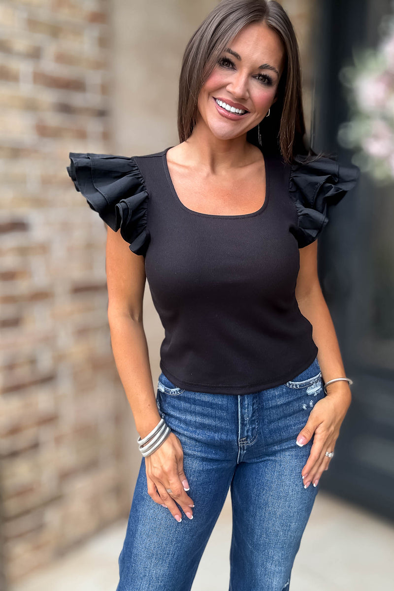 Black Ruffled Sleeves Square Neck Top
