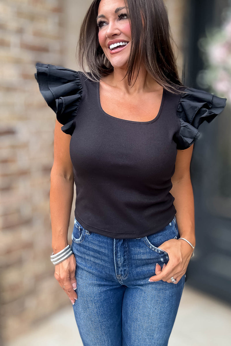 Black Ruffled Sleeves Square Neck Top