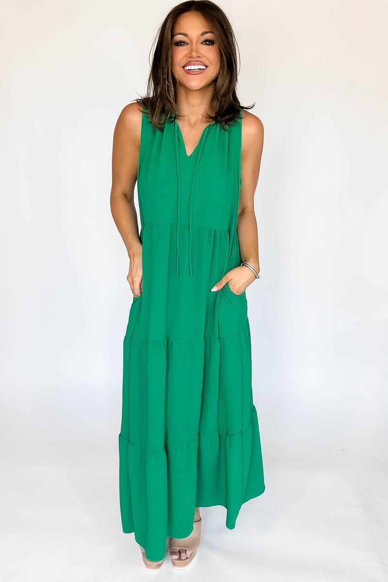 Solid Ruffled Neckline Kelly Green Maxi Dress (