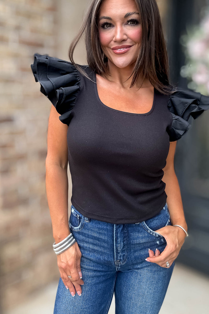 Black Ruffled Sleeves Square Neck Top