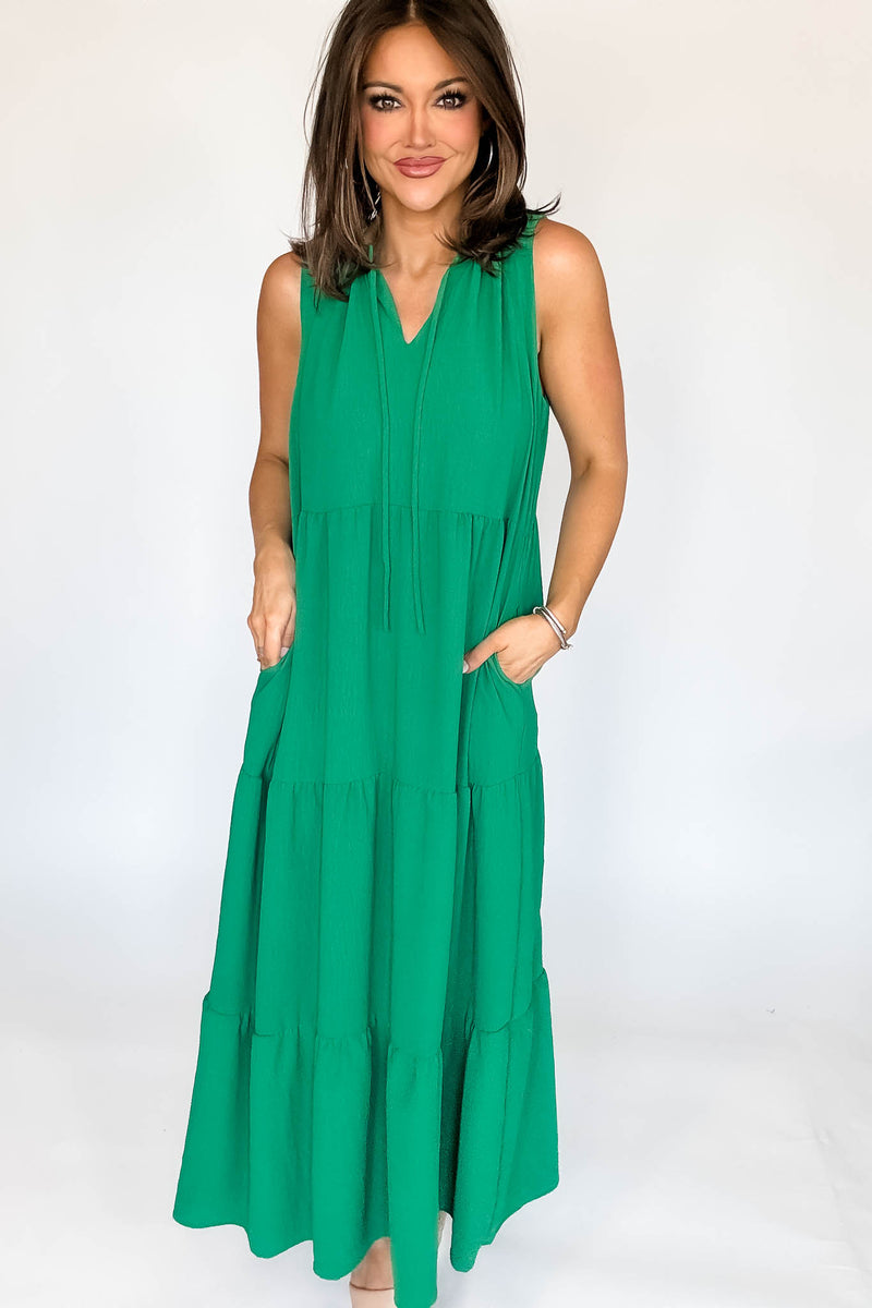 Solid Ruffled Neckline Kelly Green Maxi Dress (