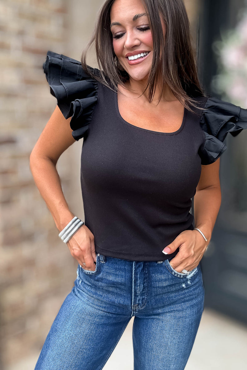 Black Ruffled Sleeves Square Neck Top