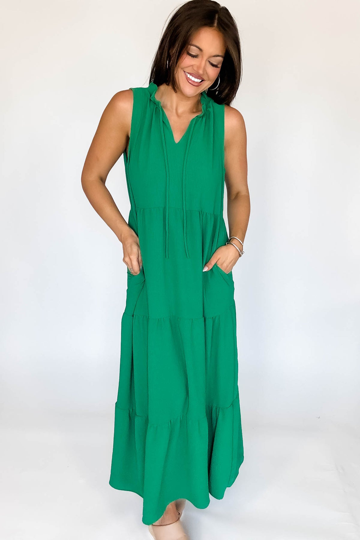 Solid Ruffled Neckline Kelly Green Maxi Dress ( Stella Rae's Solid Ruffled Neckline Kelly Green Maxi Dress ( Stella Rae's