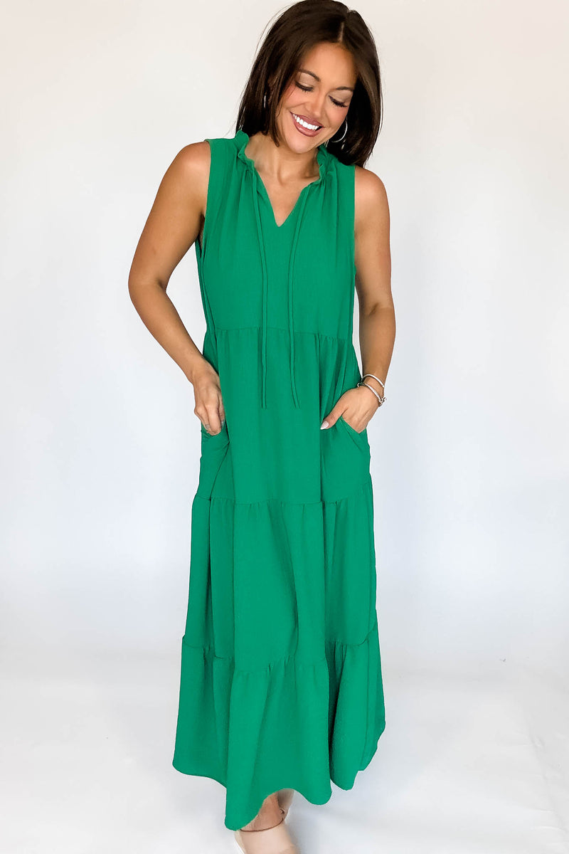 Solid Ruffled Neckline Kelly Green Maxi Dress (