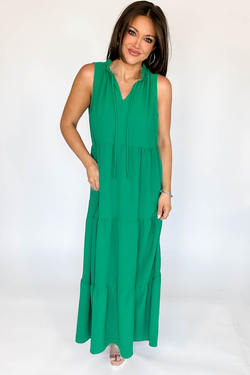 Solid Ruffled Neckline Kelly Green Maxi Dress (
