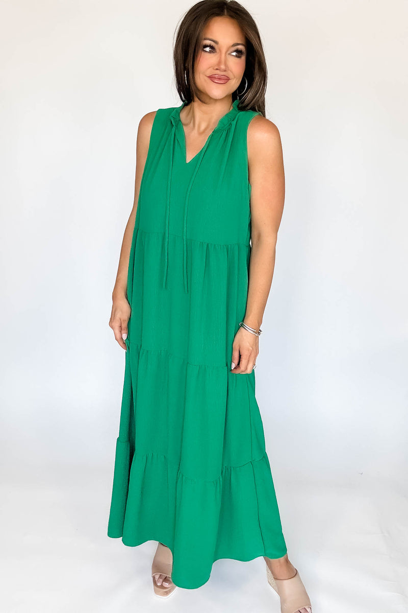Solid Ruffled Neckline Kelly Green Maxi Dress (