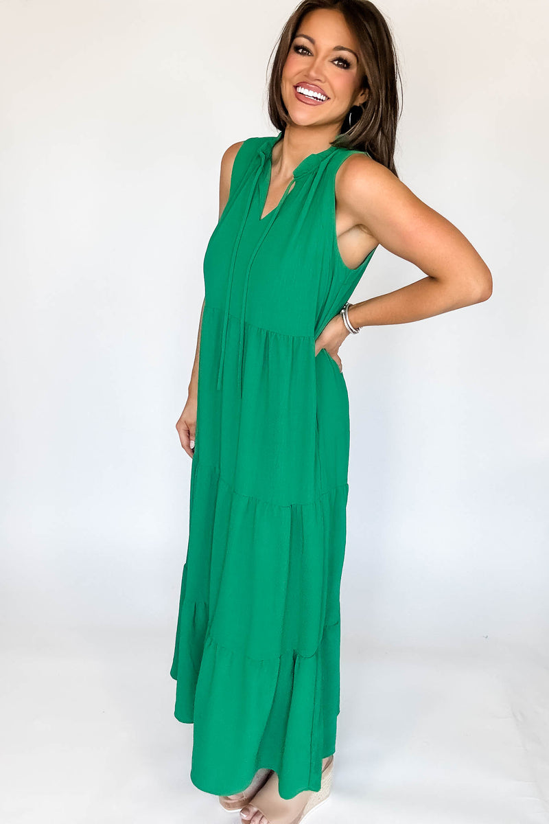 Solid Ruffled Neckline Kelly Green Maxi Dress (