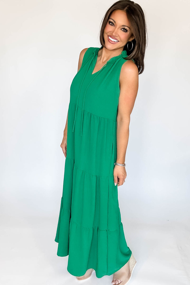 Solid Ruffled Neckline Kelly Green Maxi Dress (