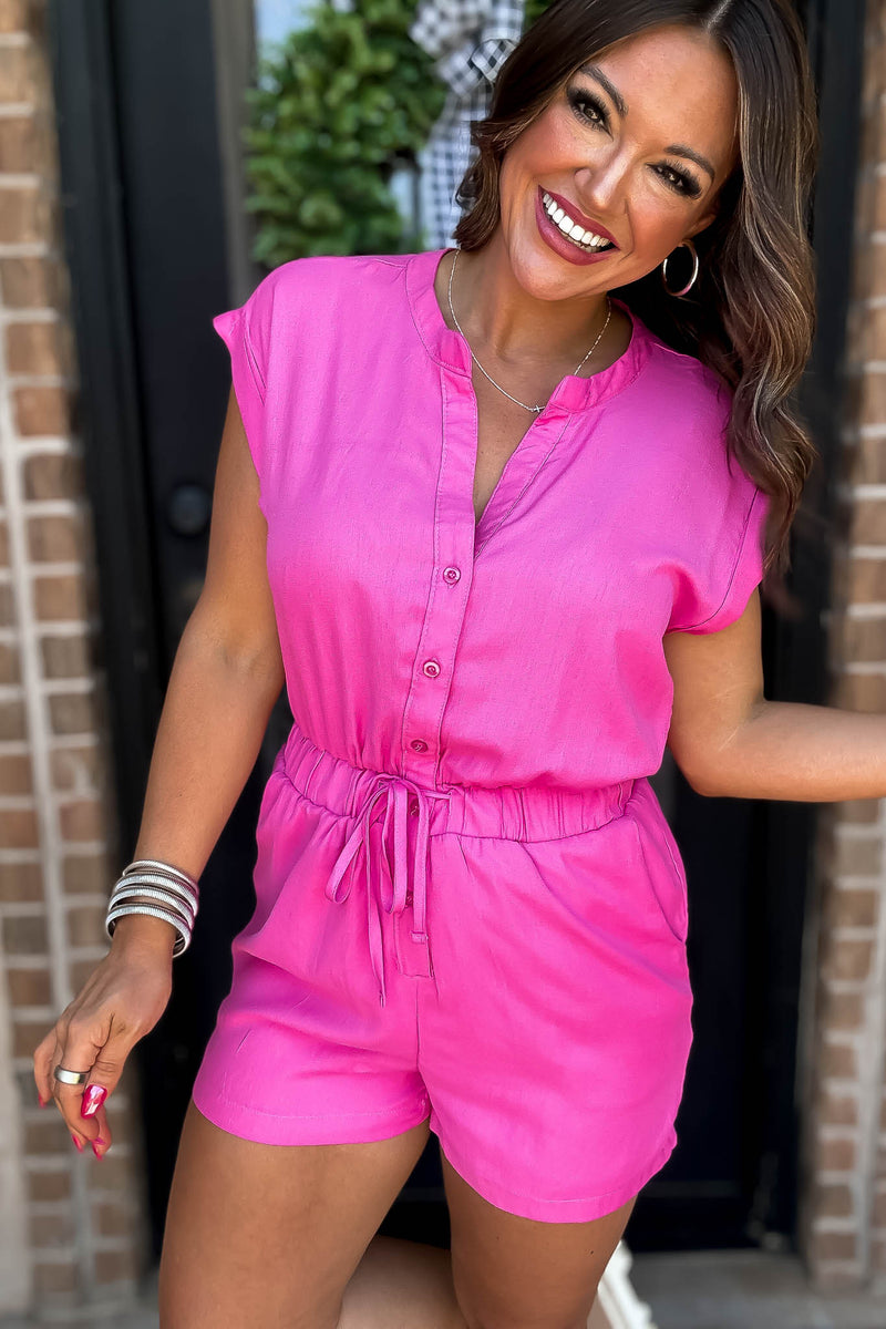 Pops Of Color Pink Button V-Neck Drawstring Romper