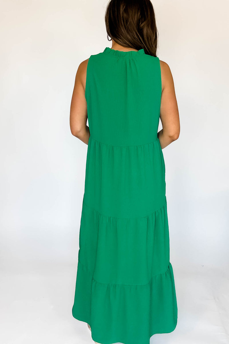 Solid Ruffled Neckline Kelly Green Maxi Dress (
