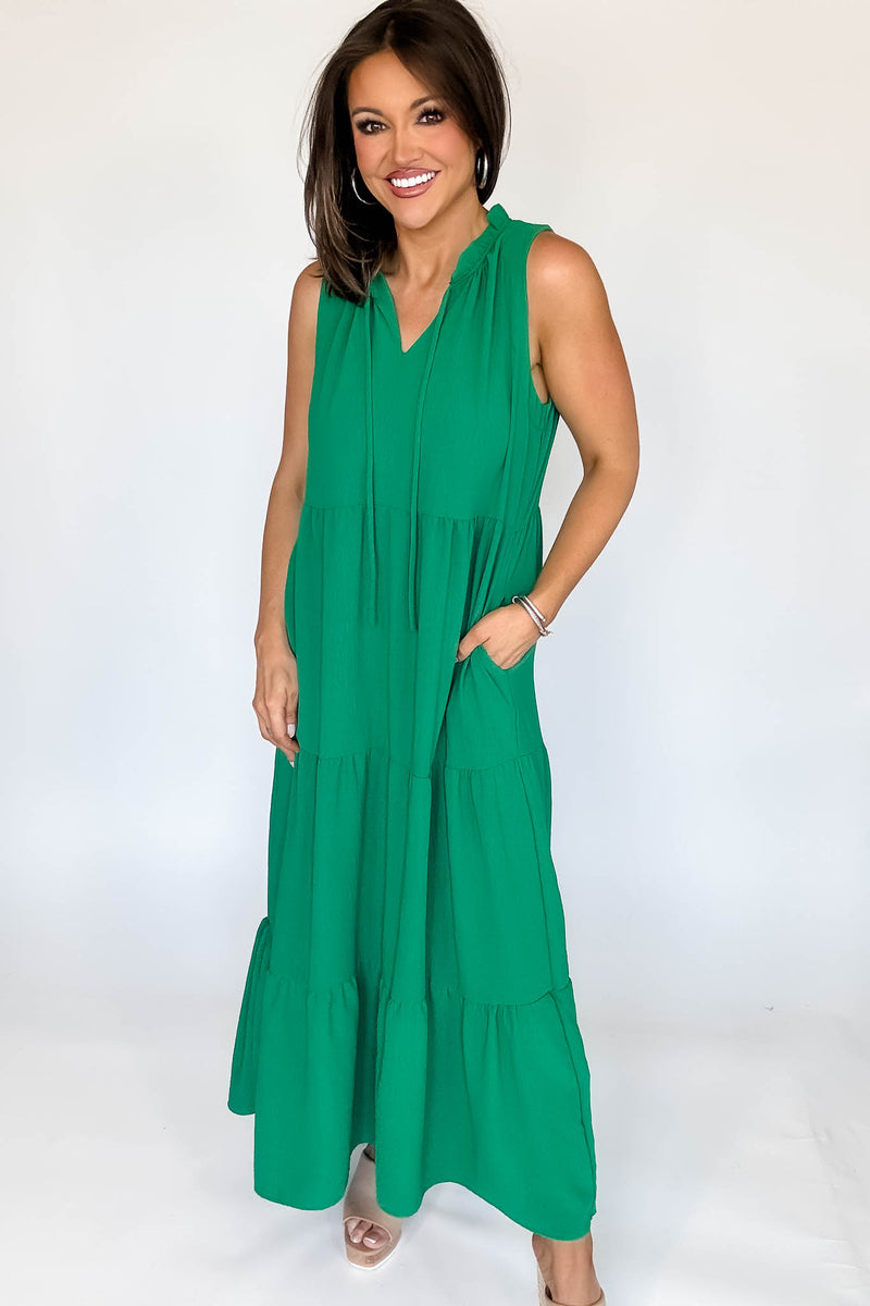 Solid Ruffled Neckline Kelly Green Maxi Dress (