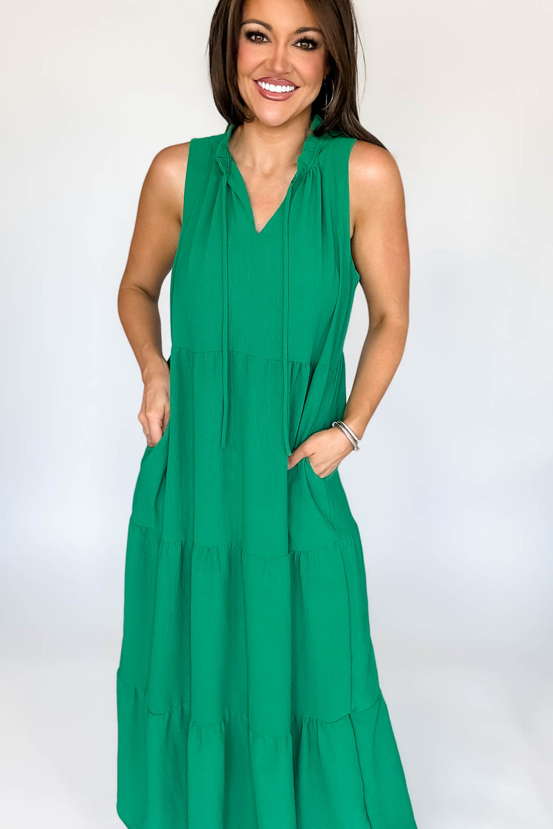Solid Ruffled Neckline Kelly Green Maxi Dress (