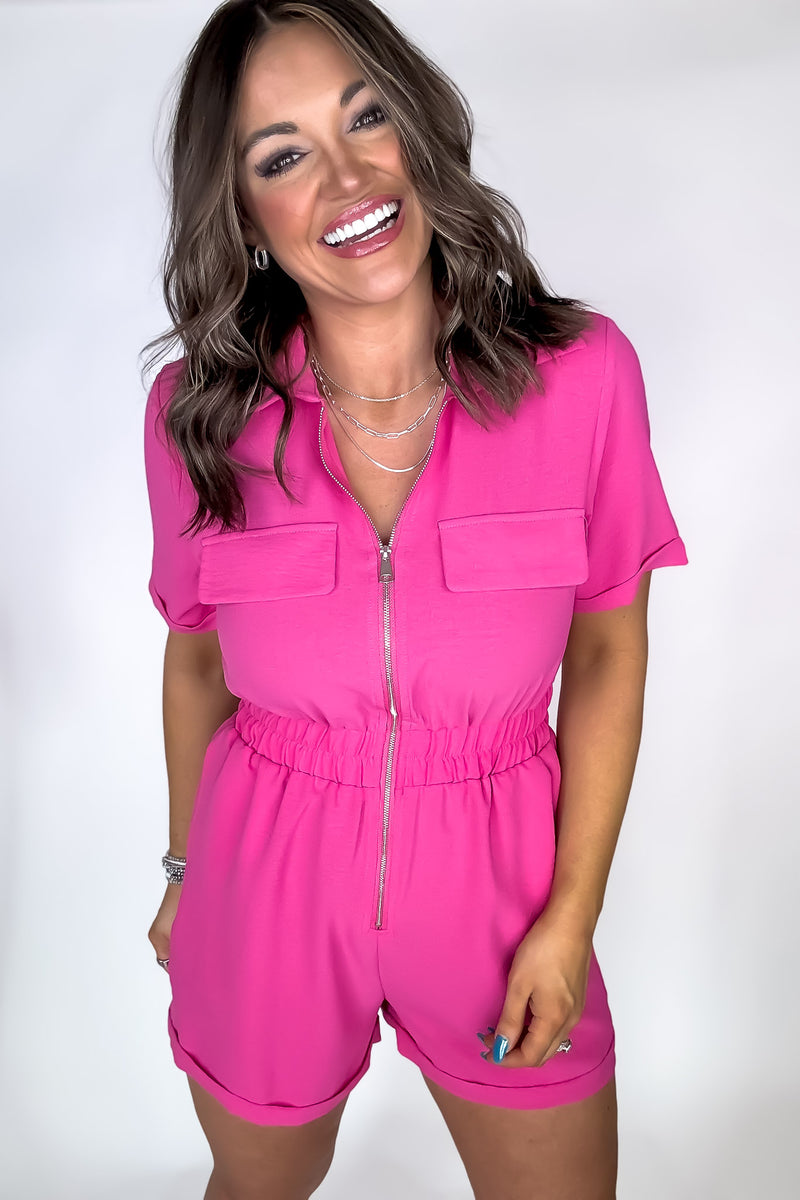 This Is It Fuchsia Airflow Short Sleeve Zip Front Romper