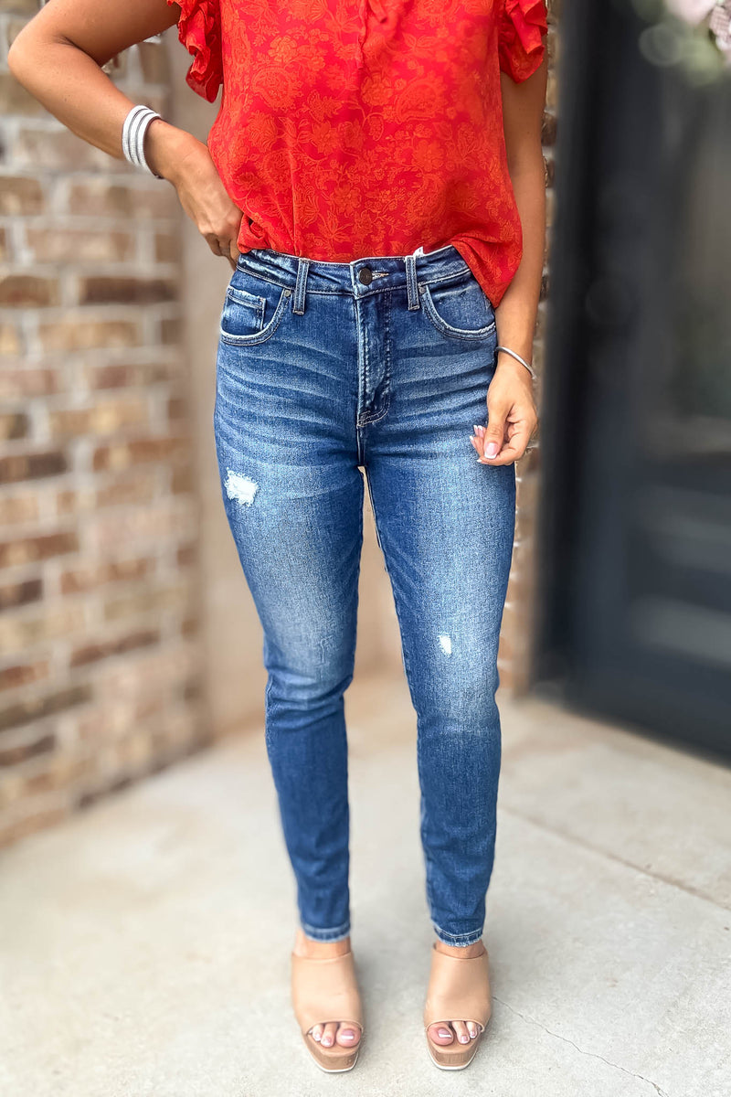 Risen Tummy Control High Rise Ankle Skinny Jeans