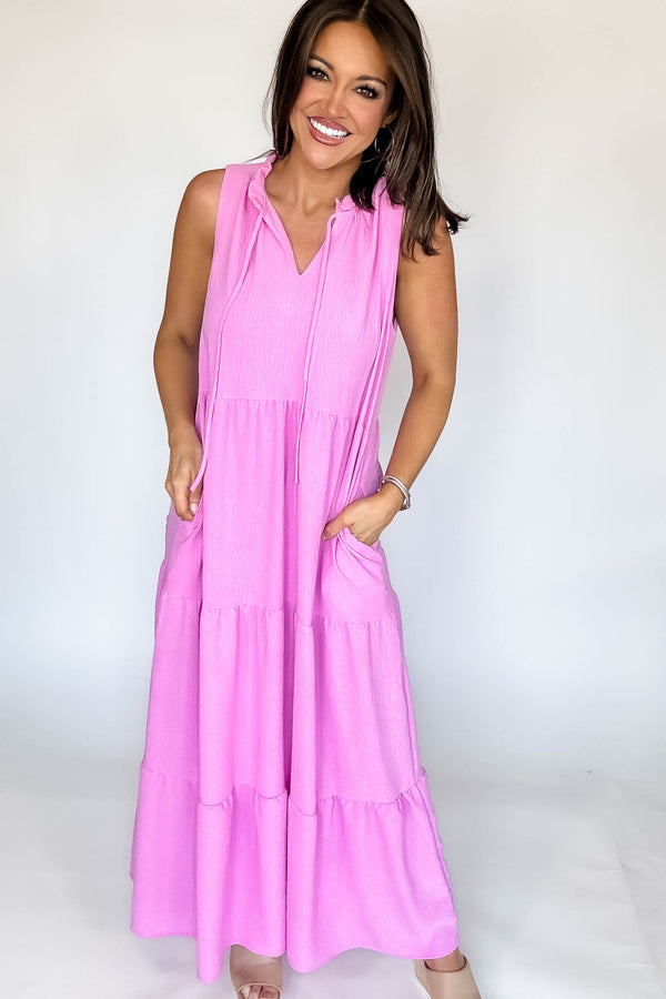 Solid Ruffled Neckline Pink Maxi Dress