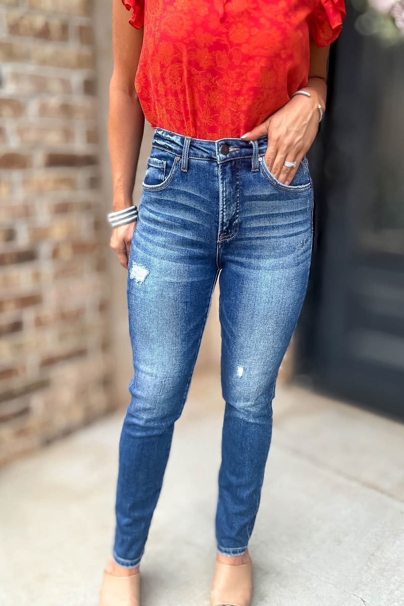 Risen Tummy Control High Rise Ankle Skinny Jeans