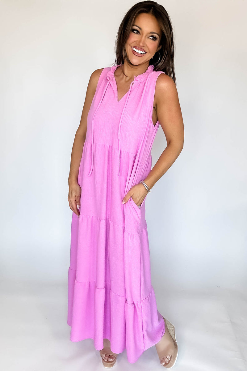 Solid Ruffled Neckline Pink Maxi Dress