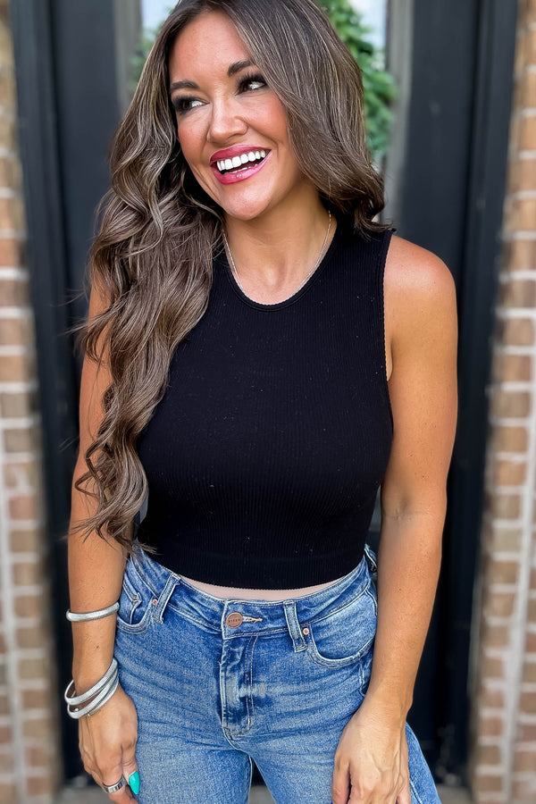 Ultra Soft Essential Black Ribbed Seamless Crop Tank