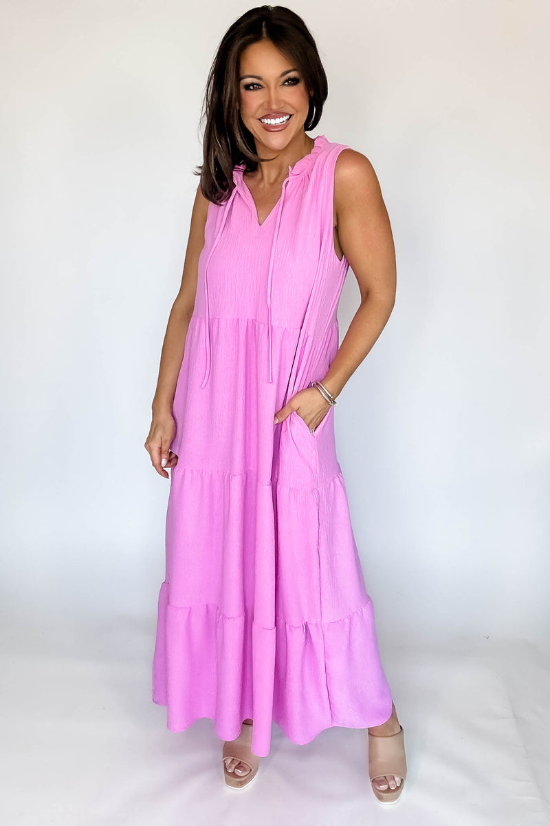 Solid Ruffled Neckline Pink Maxi Dress