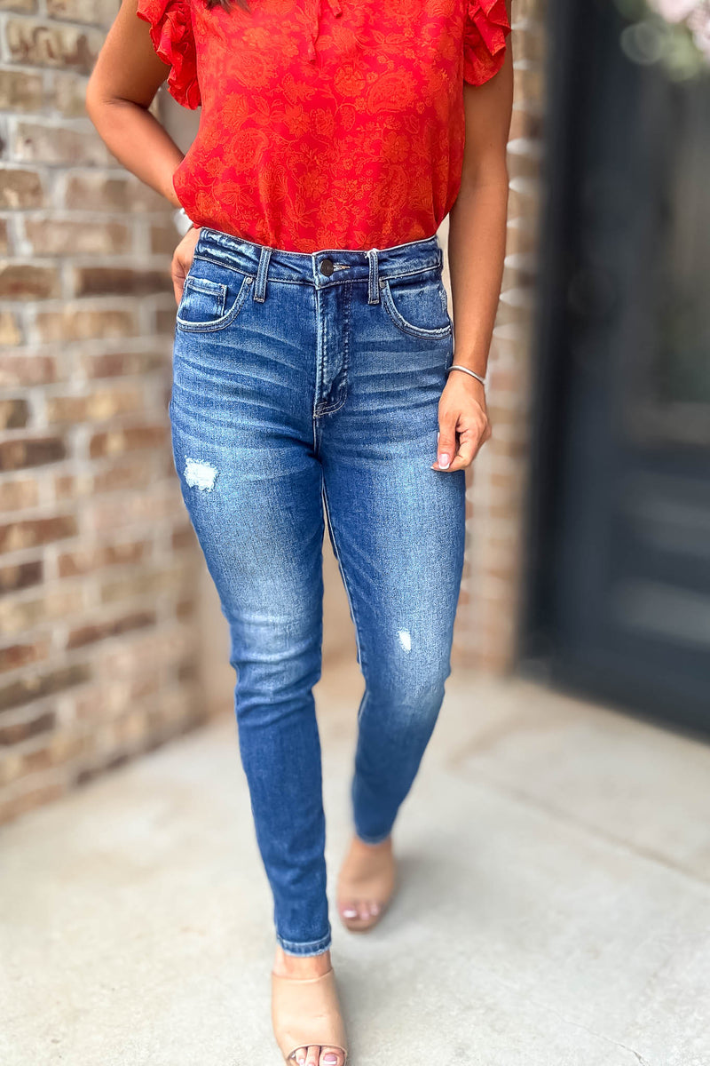 Risen Tummy Control High Rise Ankle Skinny Jeans