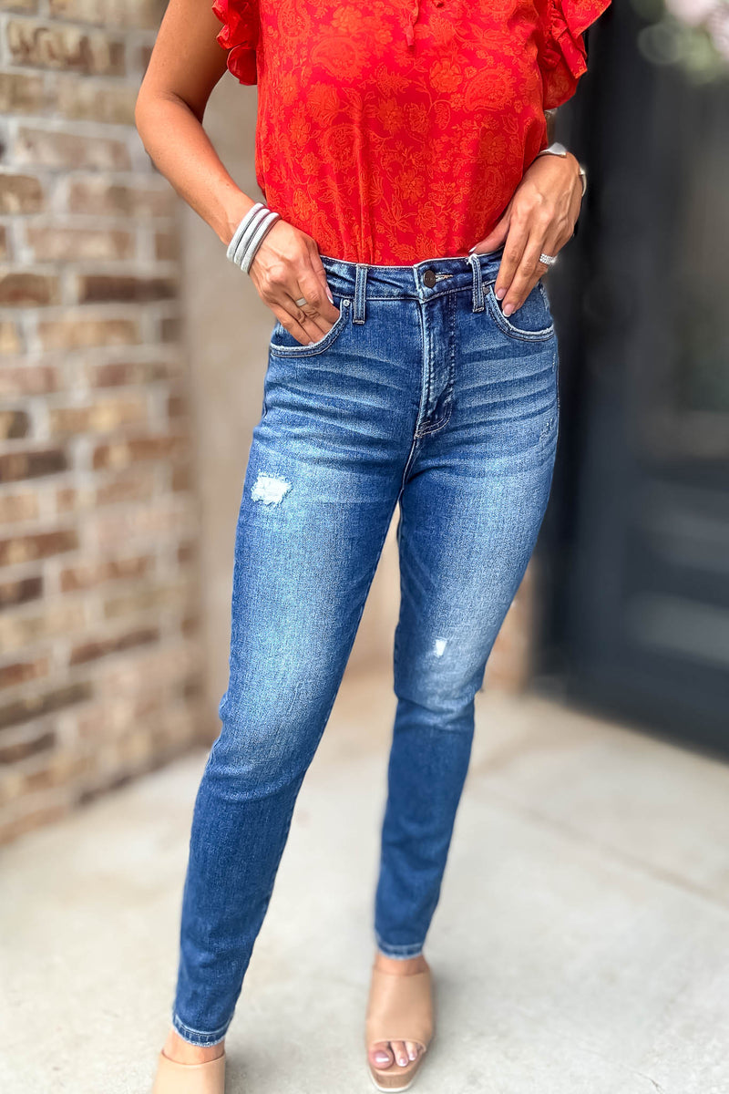 Risen Tummy Control High Rise Ankle Skinny Jeans